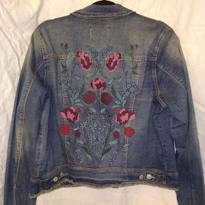 Nine West Jeans Distressed Denim Floral Embroidered Back Blue Jean Jacket - XL